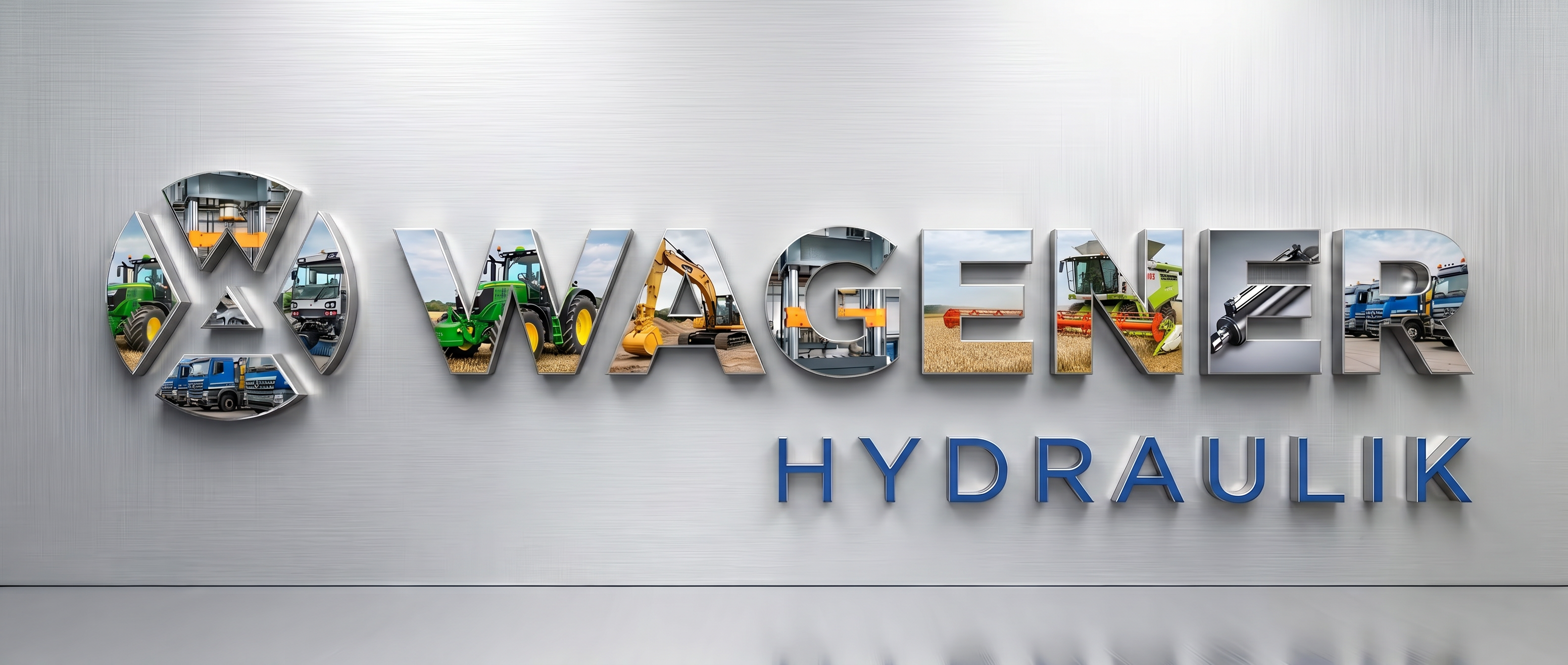 Wagener Hydraulik Logo metallisch. Buchstaben zeigen alle Branchen
